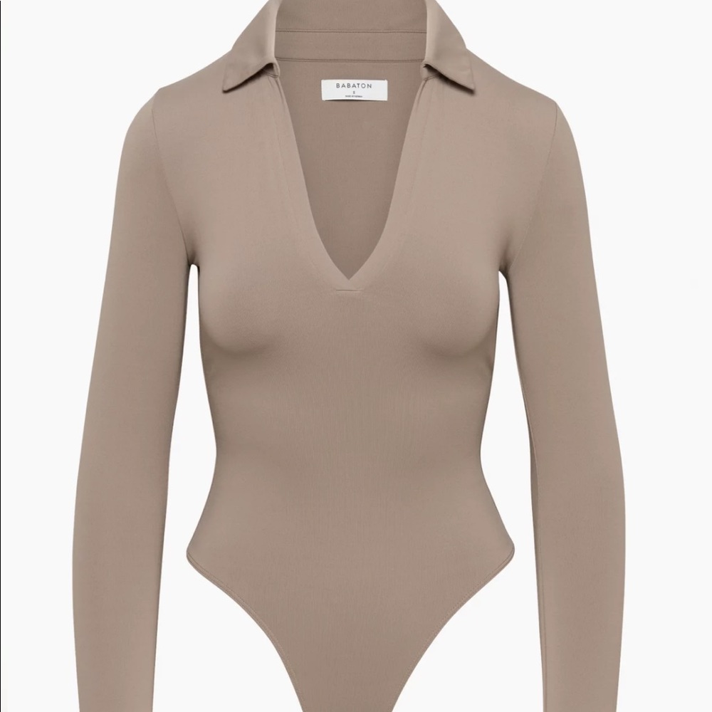 Beige Aritzia Contour Polo Longsleeve Bodysuit